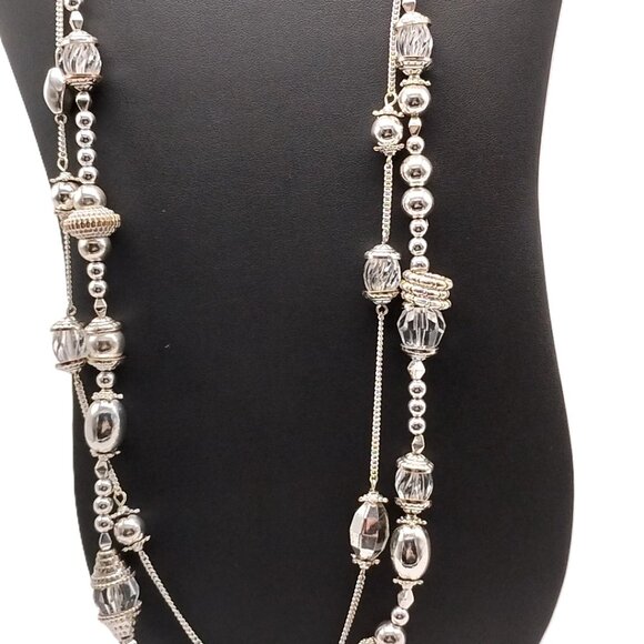 Silver-Tone Double-Strand Beaded Long Chain Necklace 38" - Boho Statement - Picture 13 of 16